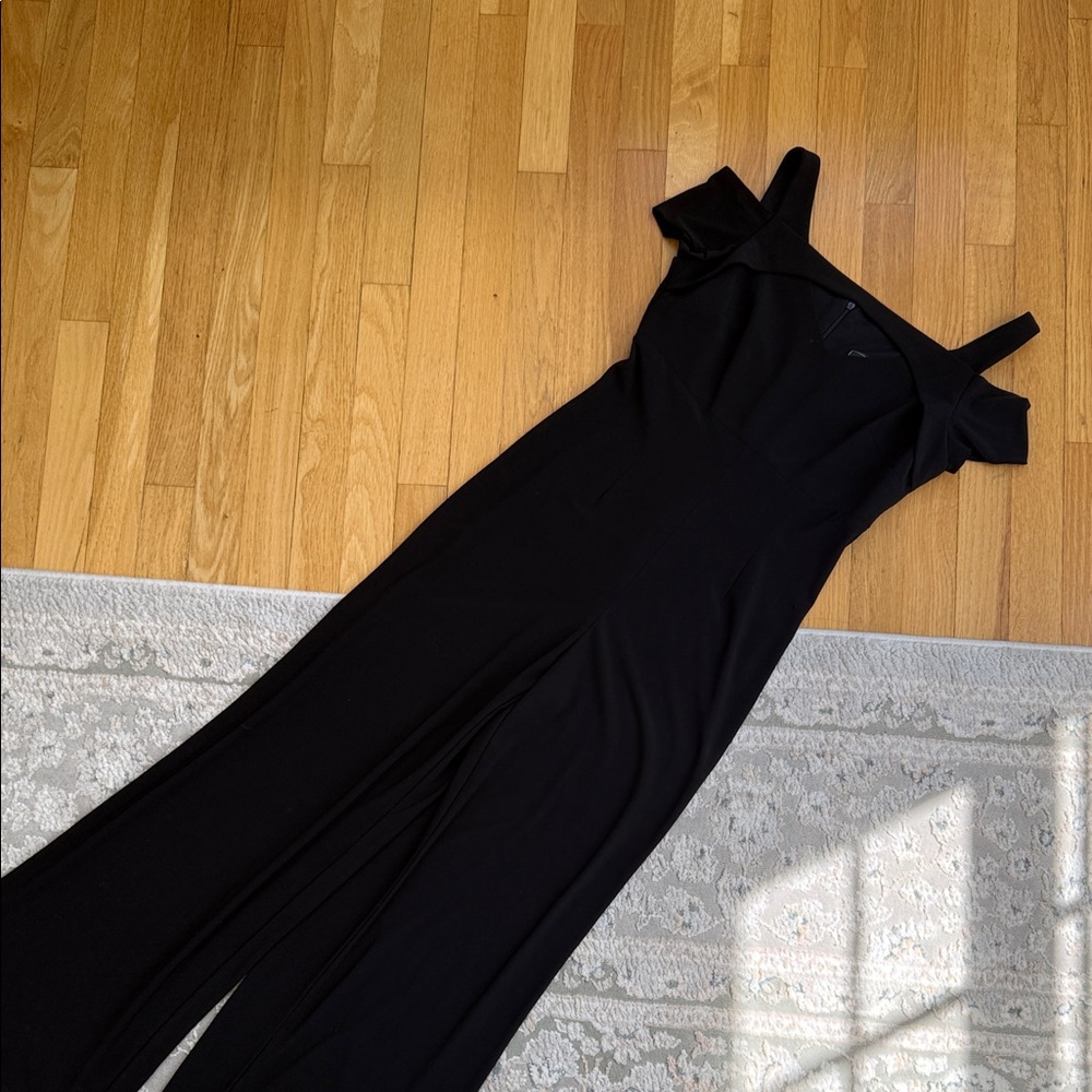 Black One-Shoulder Ruffle Evening Jumpsuit